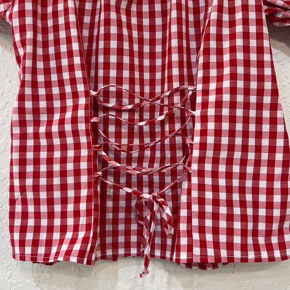 Fuchs Red and White Gingham Crochet Trim Lace-Up Back Off Shoulder Peasant Top - Picture 6 of 12